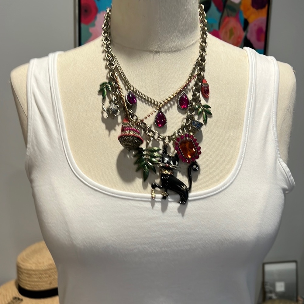 Betsey Johnson Moroccan Cat w/ Fish Lantern Slippers Statement Necklace, EUC